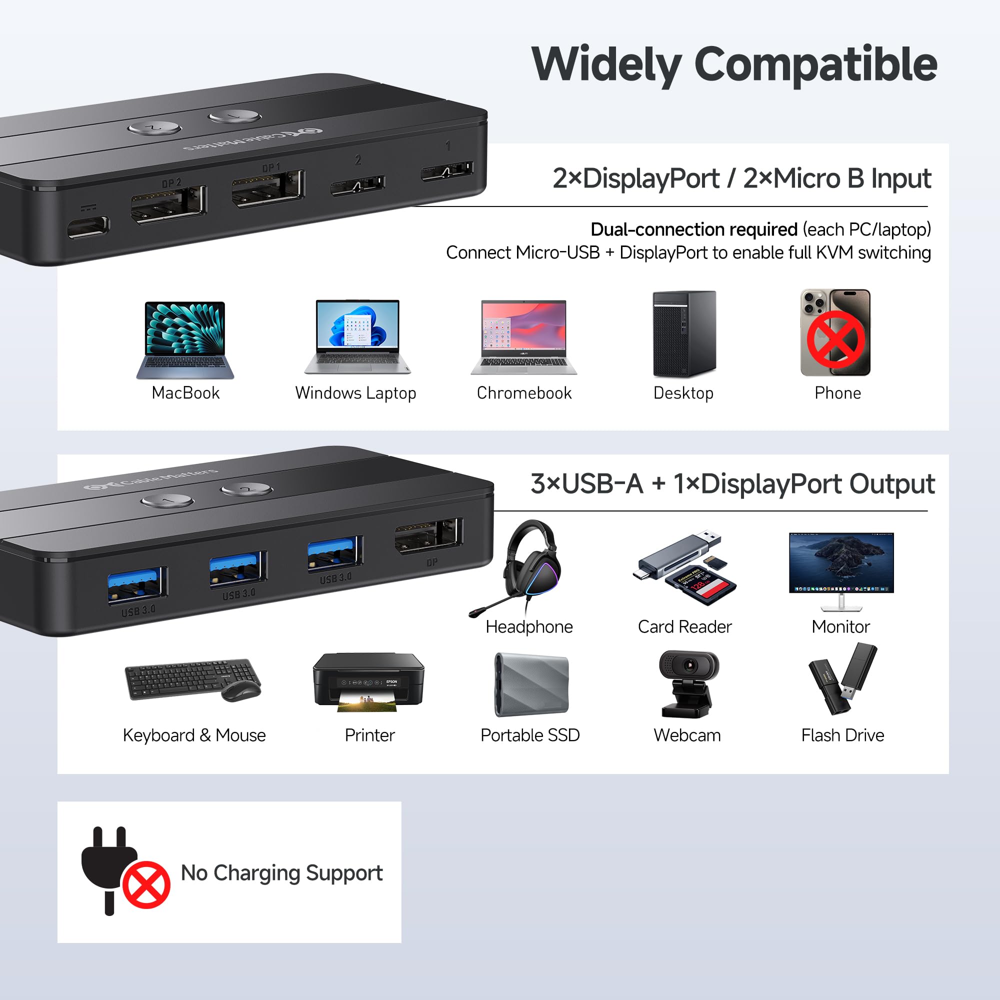 Cable Matters 8K USB 3.0 KVM Switch Displayport 1.4 (Displayport Switch) für 2 Computer mit 8K@60Hz / 4K@120Hz Display Port Video & 3X 5Gbps USB Ports
