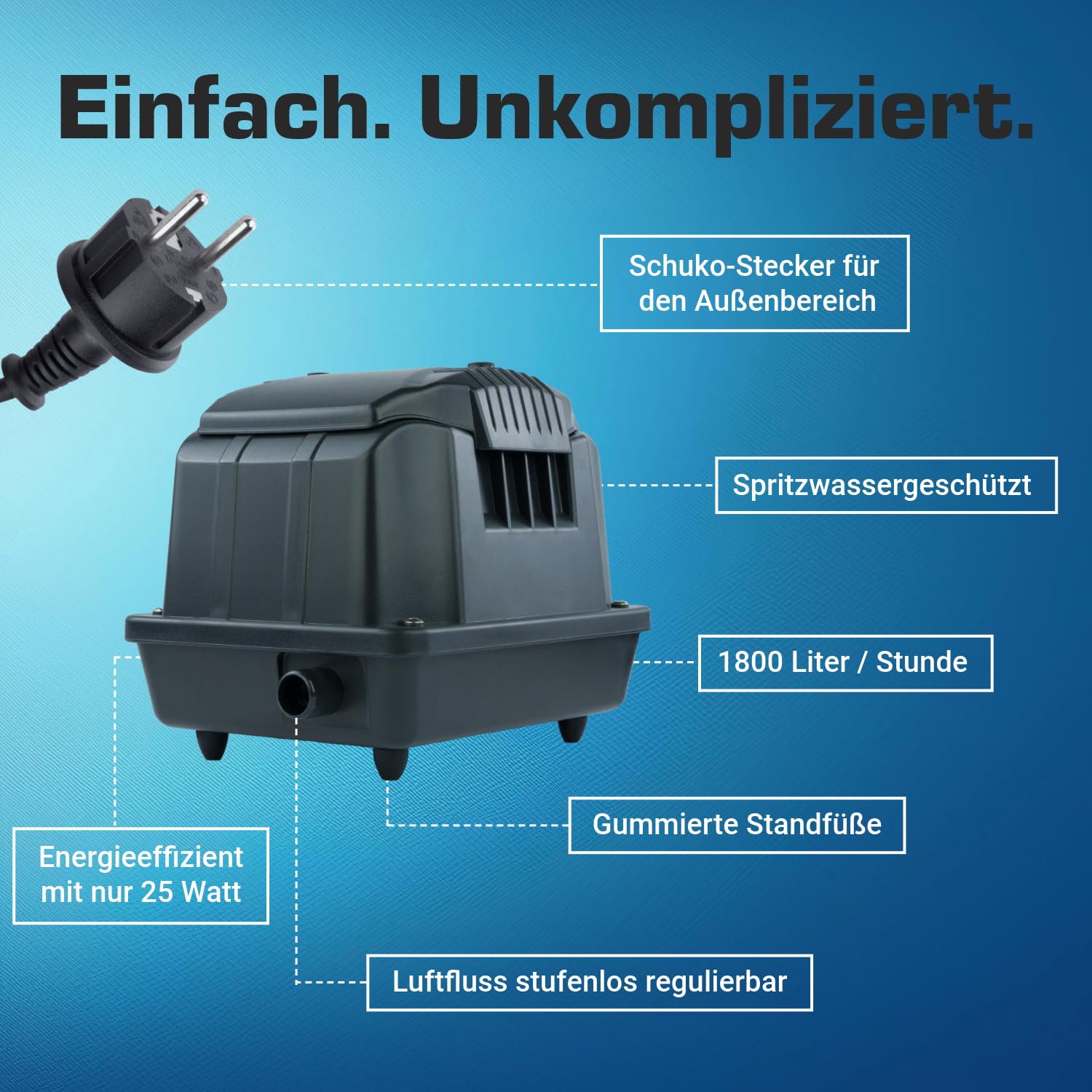 Teichbelüfter 1800 L/H stufenlos regulierbar, 25 Watt Sauerstoffpumpe für Teich, Membranpumpe 30 L/Min, Teichbelüftung, Luftpumpe Teich, Belüfterpumpe für Gartenteiche, Teichbelüftungspumpe