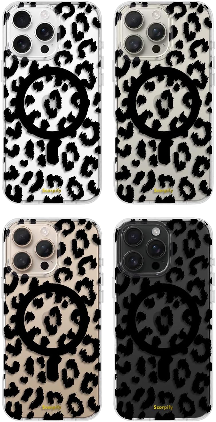 SCORPIFY for iPhone 16 Pro Case [Compatible with MagSafe] with Black Clear Leopard Cheetah Print Design, Cute Clear Magnetic Phone Cover for Women Girls, [Non Yellowing] Slim Shockproof Bumper