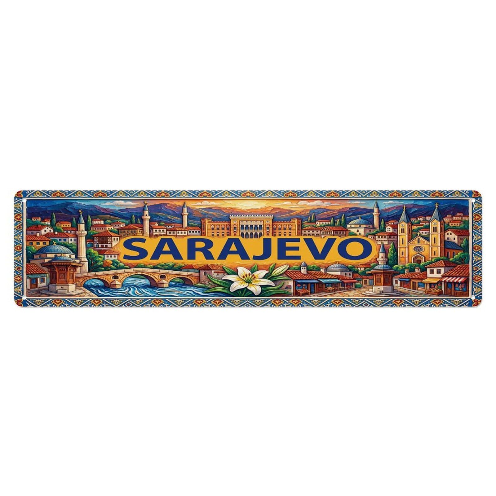 Cwbufd Vintage Style Vintage Sarajevo Bosnia Flag Pattern Vintage Metal Tin Sign Plaque Wall Decor For Cafe, Club Bar, Office, Garden Metal Poster 4X16inch