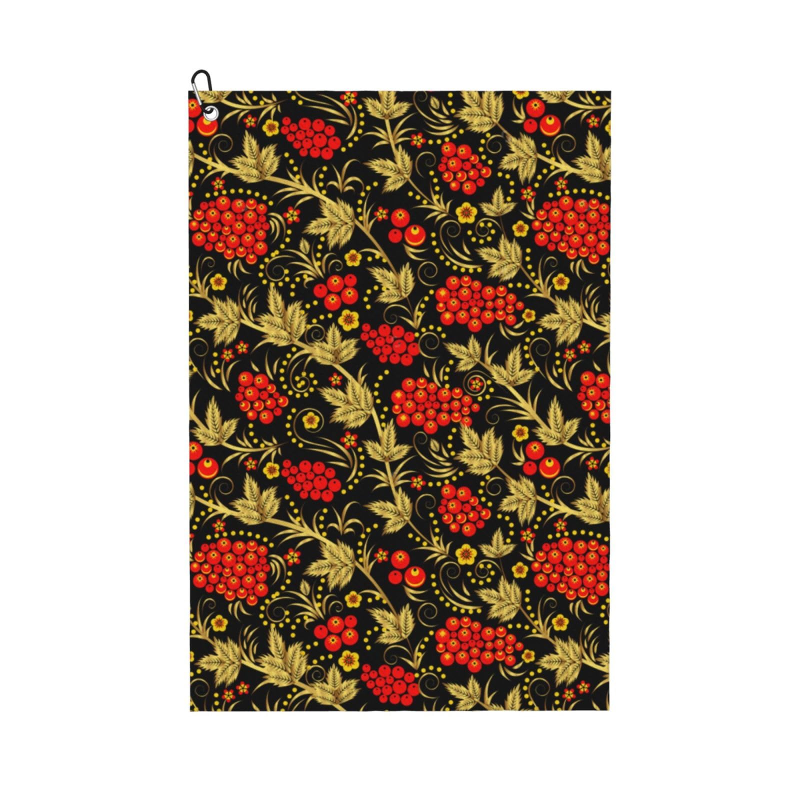 Hnnkloy Traditional Russian Khokhloma, 16x24 in Portable Waffle Golf Towels with Carabiner Clip for Golf Bag