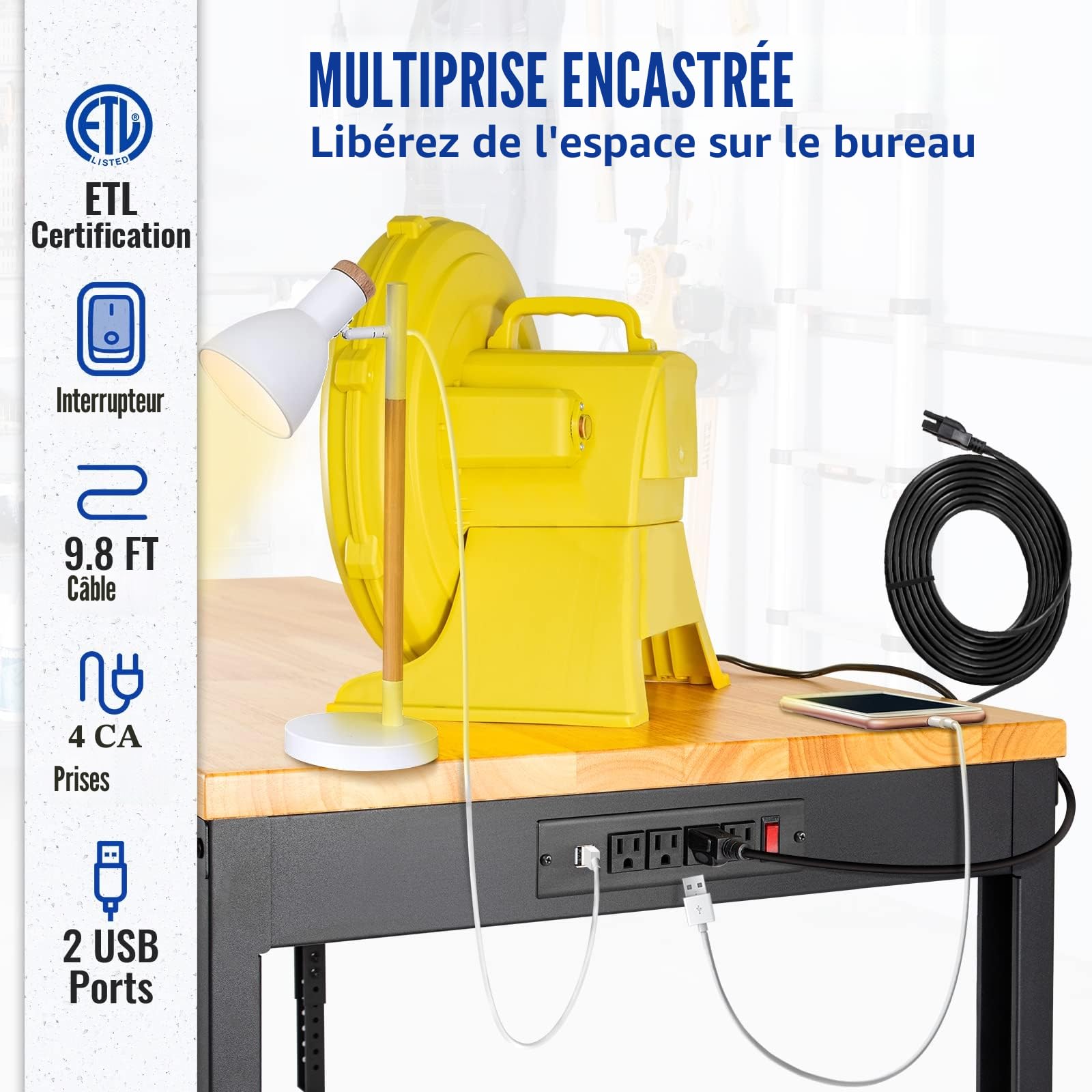 VEVOR Établi Garage Atelier Table de Travail 155x51x105 cm Hauteur Réglable 80-105 cm, Plateau en Bois Chêne Cadre en Acier, Multifonctionnel avec 4 roulettes pour Réparation Bricolage