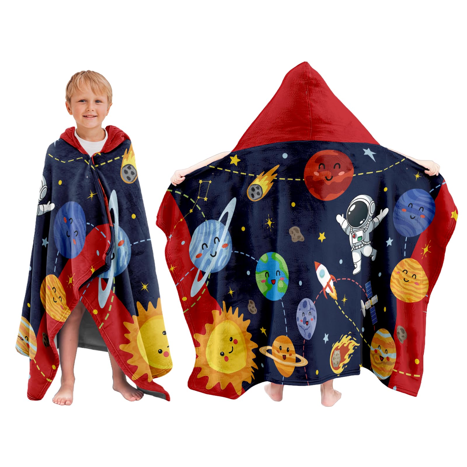 JOPJOLIW Kids Hooded Bath Towel Toddler Beach Towel with Hood, Space Theme Boys Girls Hooded Towels, 30"X50" Soft Absorbent Wearable Poncho Towel