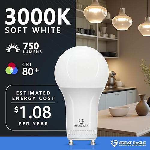 Miniatura 5 de Great Eagle - Bombilla LED GU24 con forma A19, 9 W (equivalente a 60 W), regulable, blanco suave de 3000 K, certificación UL, bombilla de 2 puntas