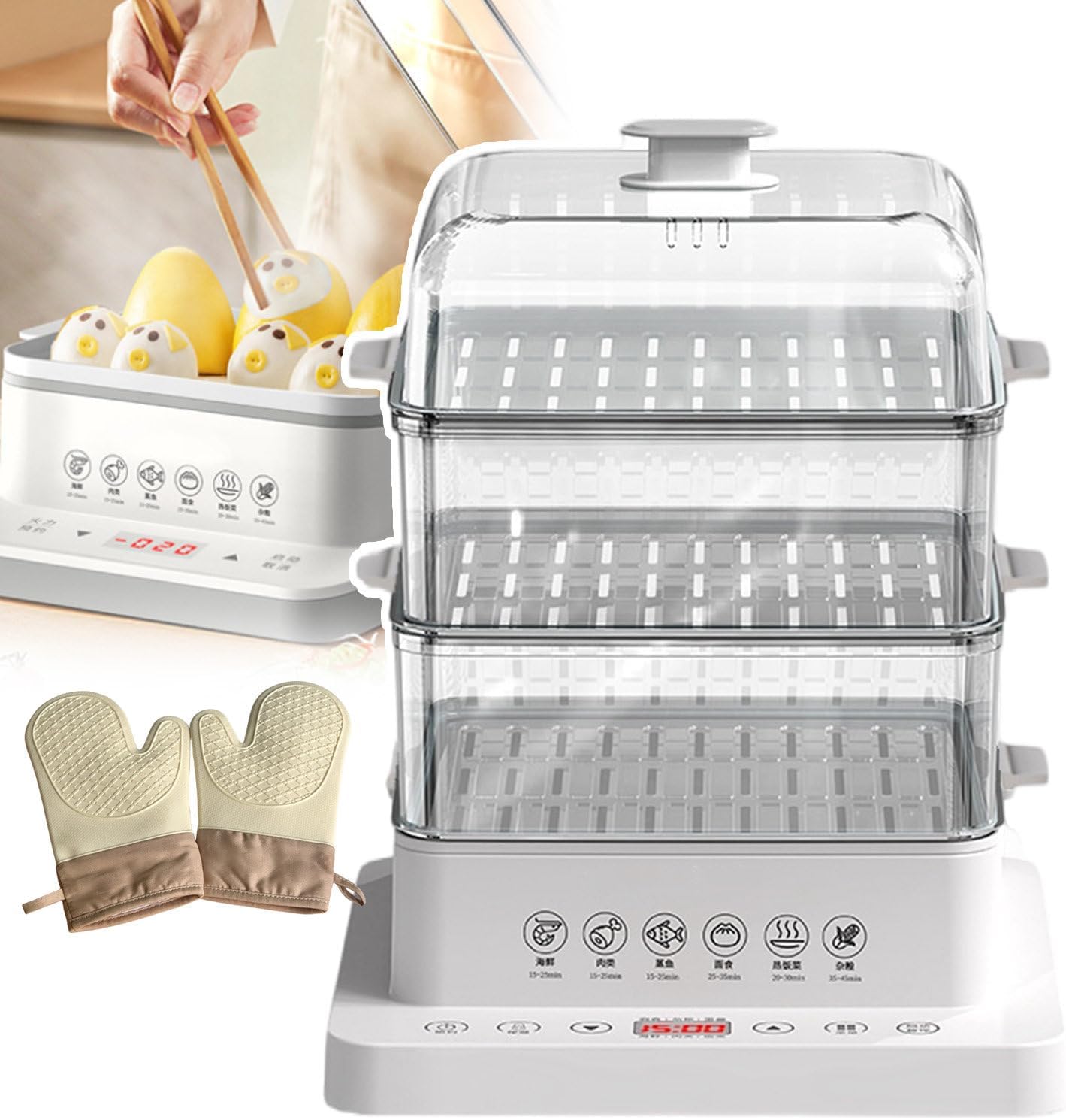 Electric Food Steamer Cookware,3 Tier Electric Food Steamer,12h Timer,Led Digital Display,6 Cooking Modes,with 3 Tier Stainless Steel Trays,A Pair of Heat Insulating Gloves,40l