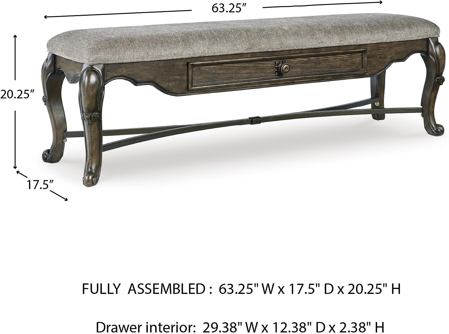 Signature Design by Ashley Maylee Contemporary Upholstered 63" Dining Bench with 1 Drawer, Dark Brown
