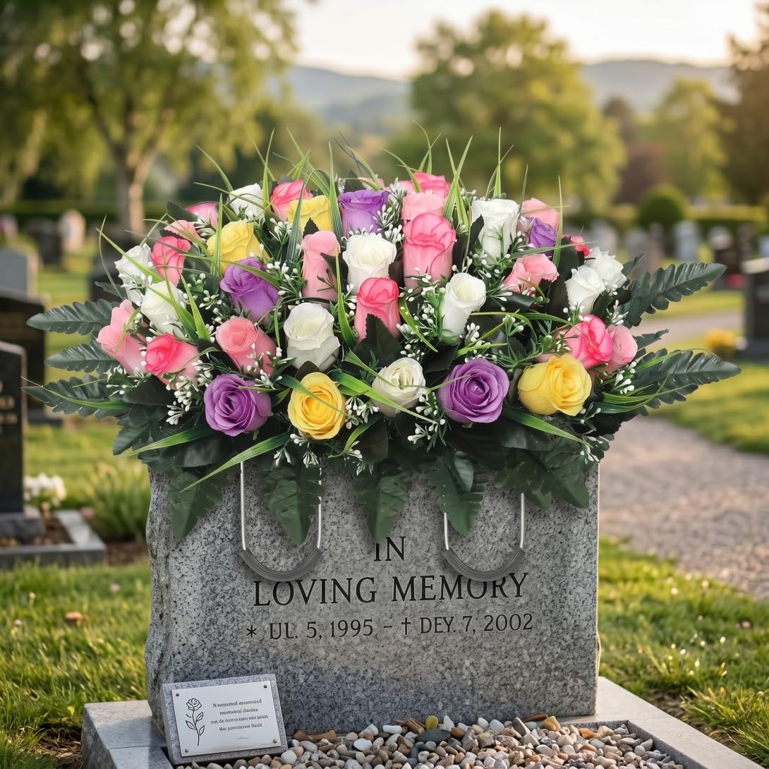 Faticenic Cemetery Saddles for Headstones, 65x35cm Artificial Roses Headstone Flower Saddle, UV-Resistant Tombstone Decorations for Grave Tombstone