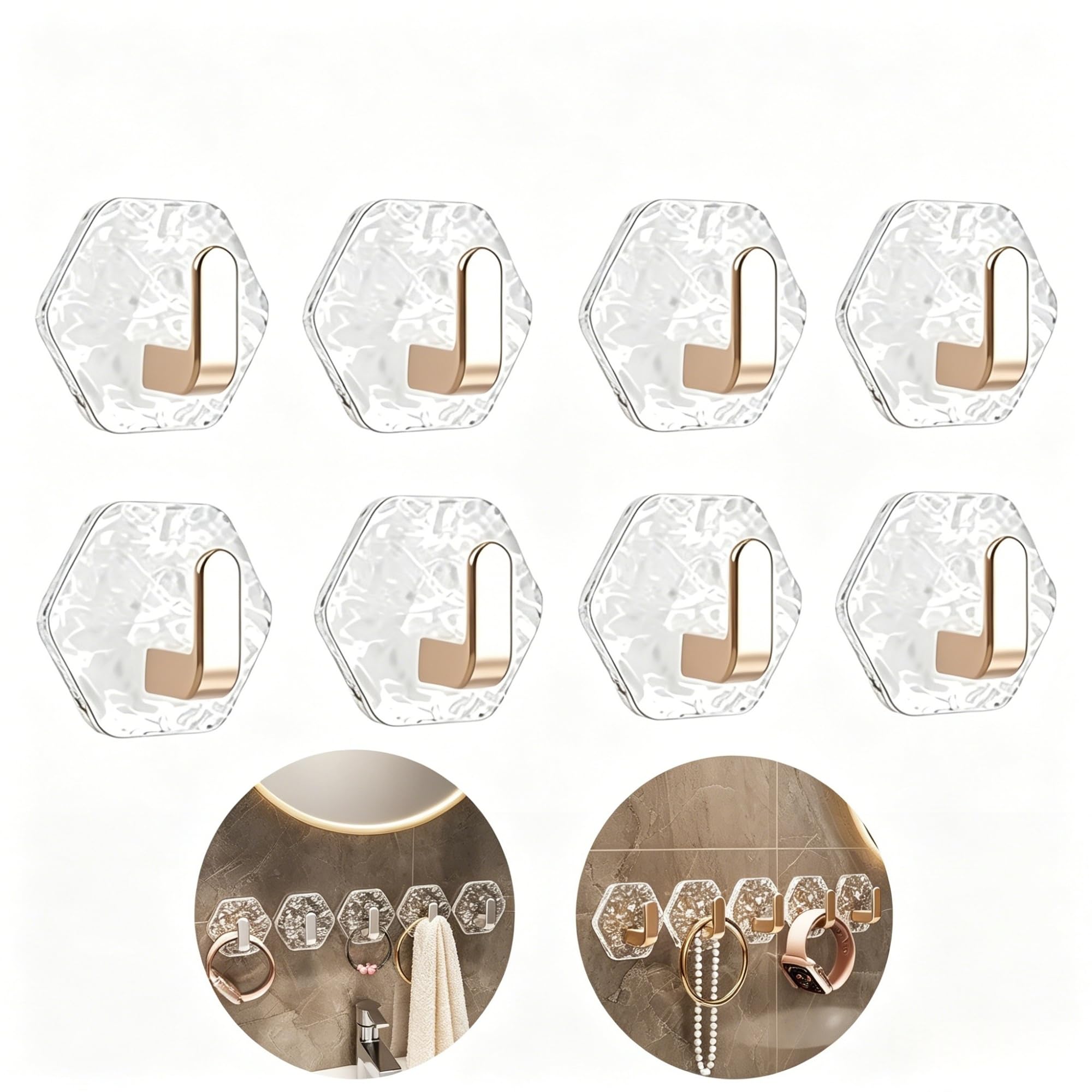 SJPMHYQ Water Ripple Hexagonal Self Adhesive Hooks No Drill Waterproof Wall Hooks for Bathroom Kitchen Heavy Duty Towel Key Holder(8PCS)