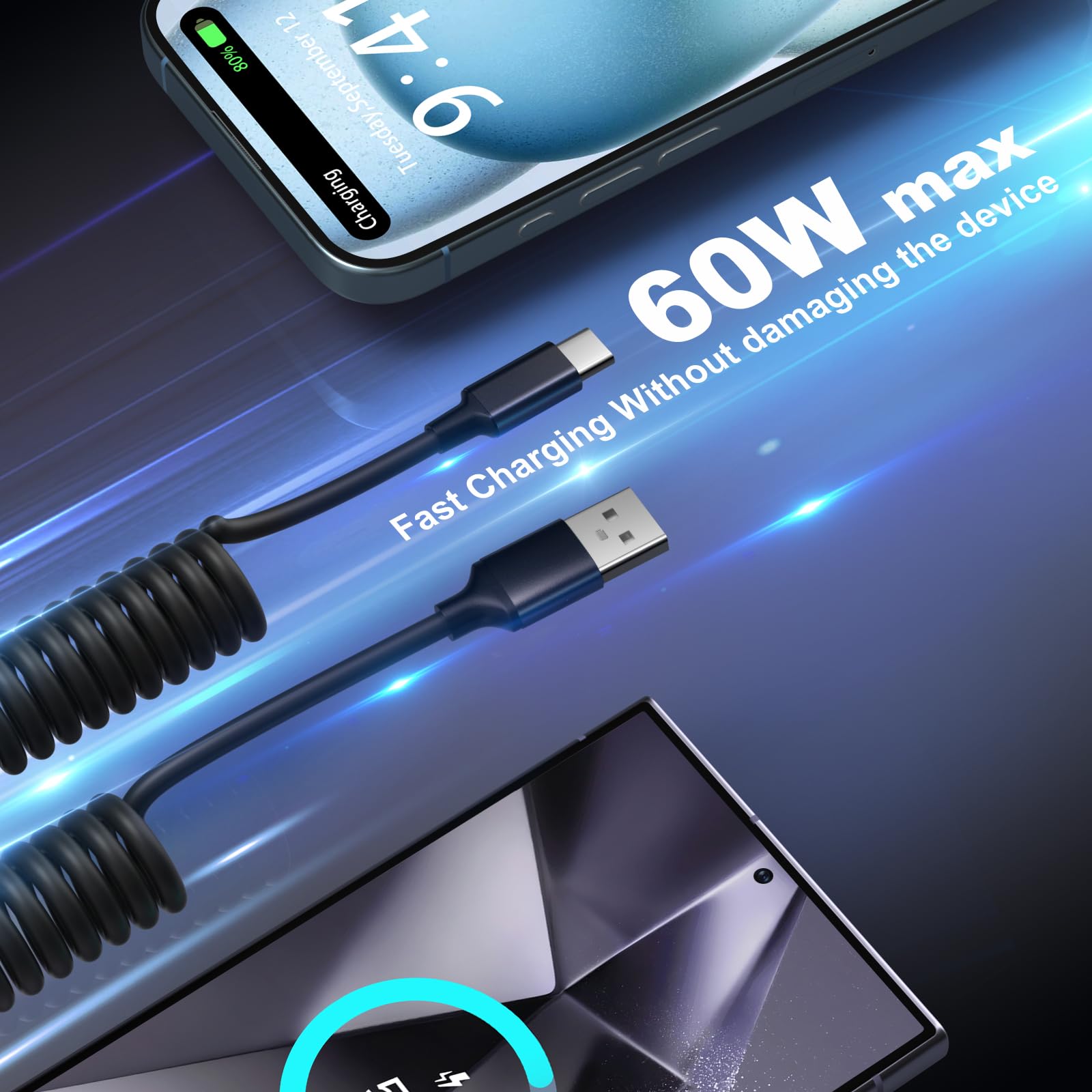 OKRAY Paquete de 2 cargadores retráctiles de coche de 78 W y 3 puertos con 2 cables de carga USB C en espiral