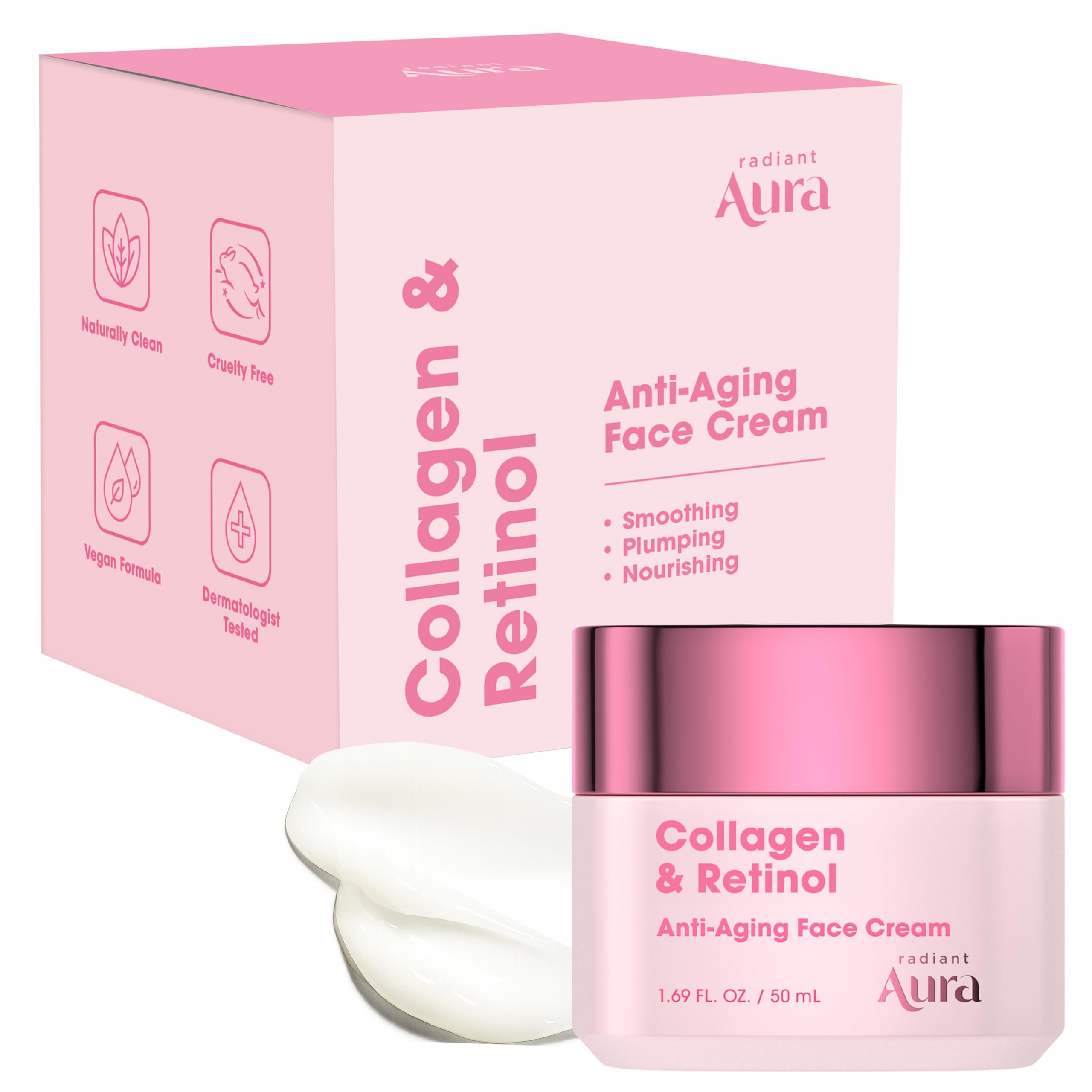 Radiant Aura Collagen & Retinol Face Cream – Dermatologist Tested, Anti Aging, Korean Skin Care – Firming, Anti Wrinkle, Hydrating Moisturizer, Pore