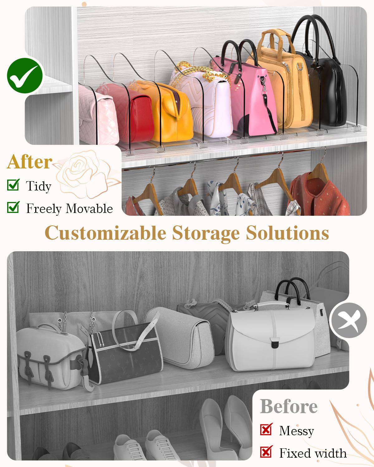 Moryimi Purse Organizer for Closet, Adjustable Clear Shelf Dividers Purse Bag Divider for Closet Organizer, Handbag Organizers for Closets