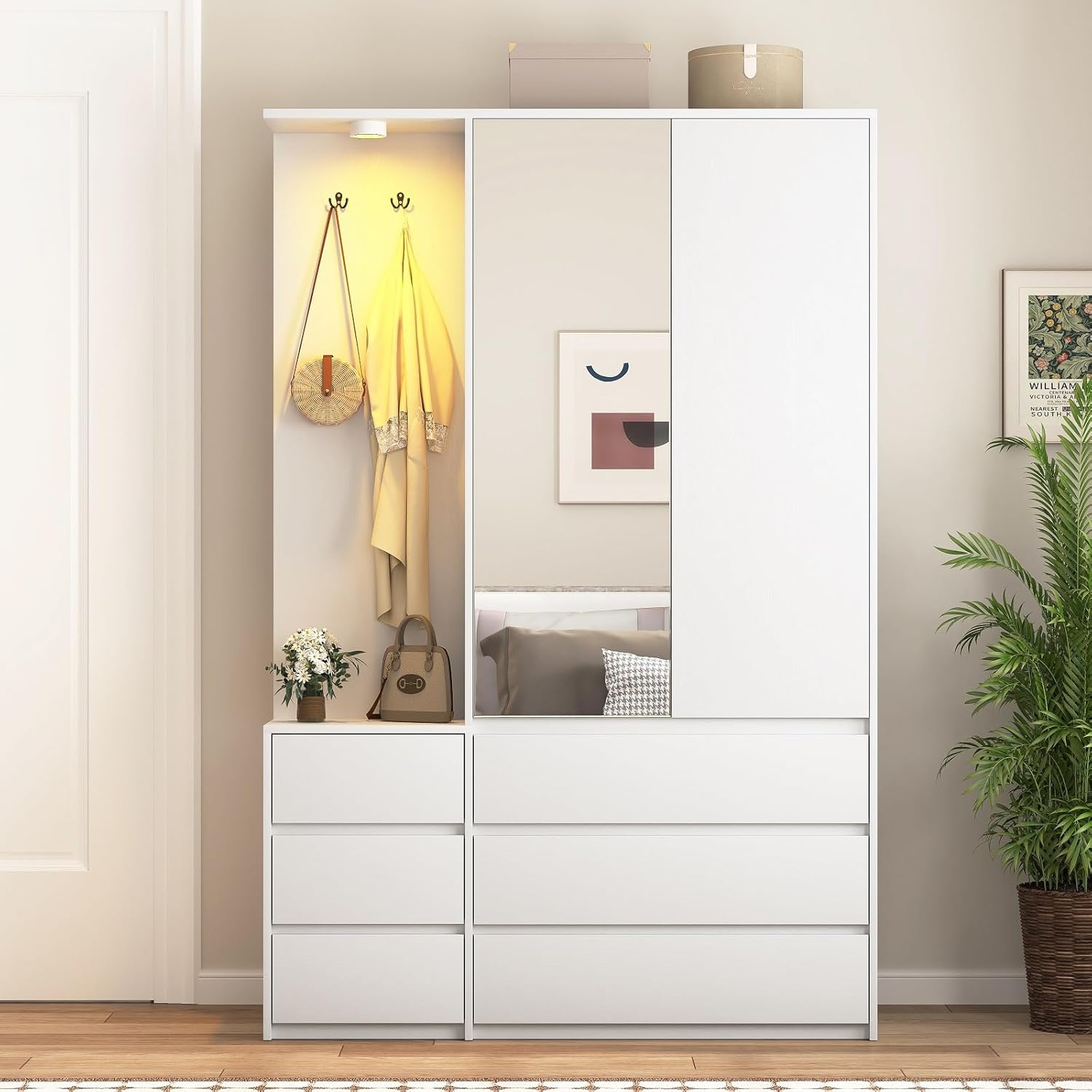 72'' Armoire Wardrobe Closet with Mirror and 6 Drawers,Bedroom Armoire Wardrobe Cabinet with Hanging Rod and Light,Wooden Bedroom Closet with 3 Storage Shelf (White)