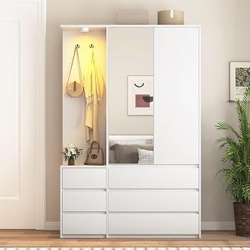 72'' Armoire Wardrobe Closet with Mirror and 6 Drawers,Bedroom Armoire Wardrobe Cabinet with Hanging Rod and Light,Wooden Bedroom Closet with 3 Storage Shelf (White)