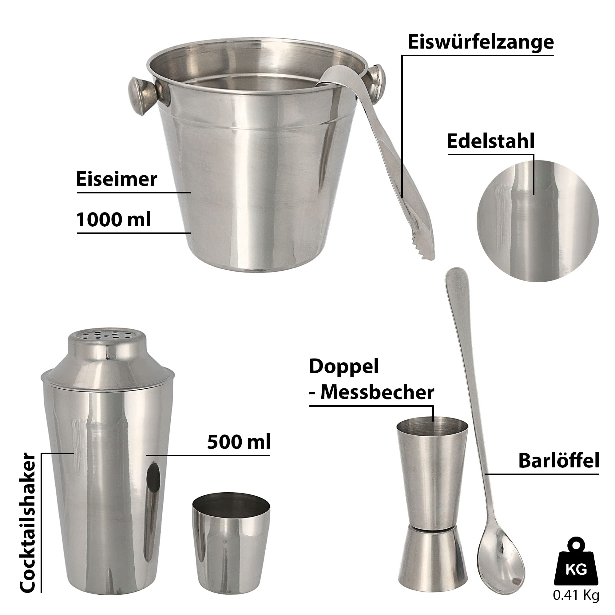 Set Da Cocktail 5 Pezzi In Acciaio Inox: Shaker 500ml, Secchiello Ghiaccio 1000ml E Accessori