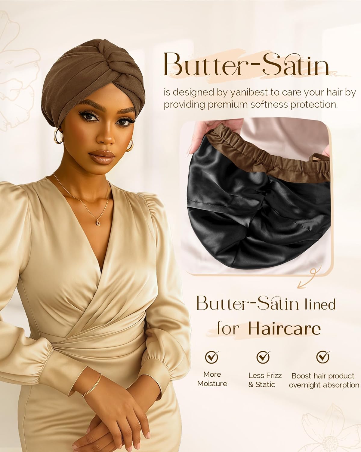 YANIBEST Satin Lined Hair Bonnet for Sleeping, Silk Turban, Hair Wrap Chemo Headwear for Women Natural Curly Hair - Image 3