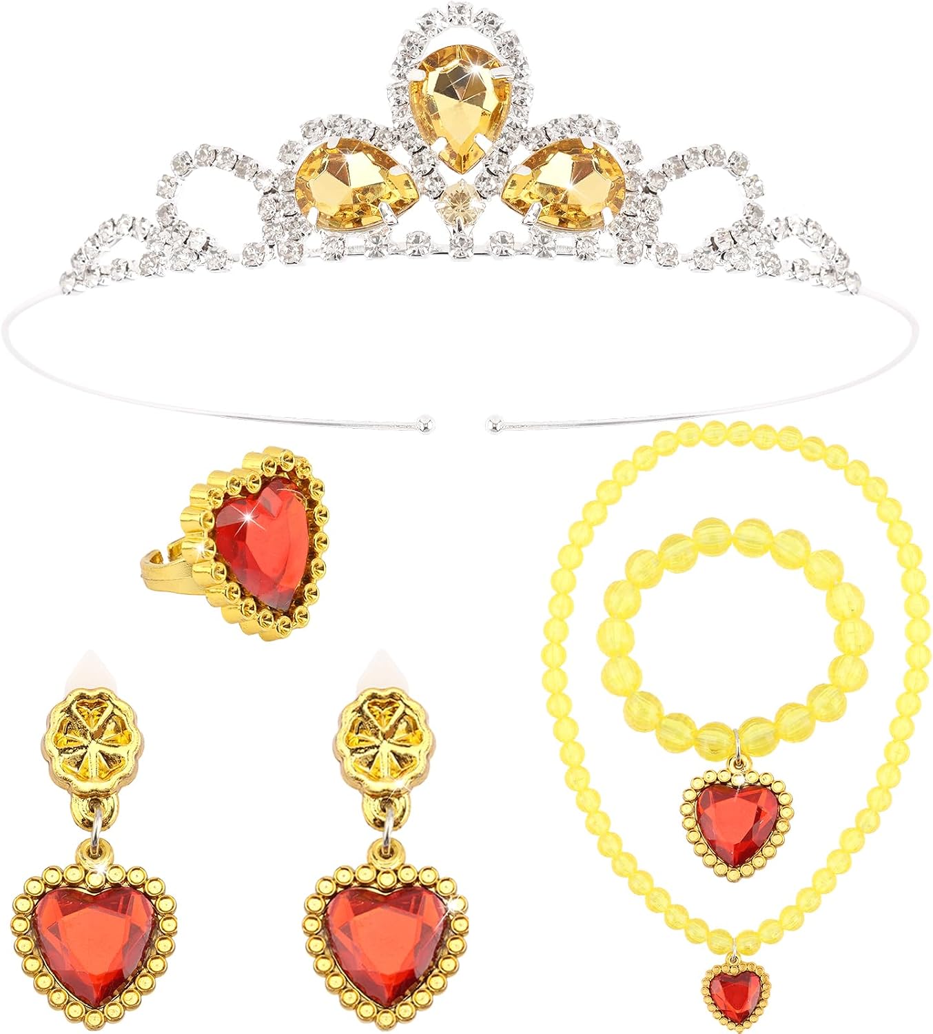 5Pcs belle Princess Girls Jewelry Set, Yellow Rhinestone Crown Heart Necklace Bracelet Clip On Earrings Ring for Costume Prom Accessories Gifts