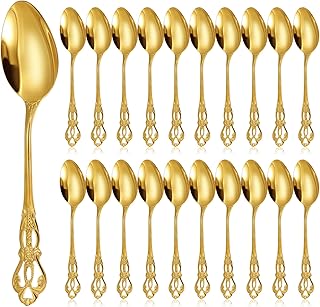 Dandat 20 Pcs 6.6" Gold Luxury Teaspoons Stainless Steel Gorgeous Tea Party Spoons Dessert Spoons for Stirring Coffee Sugar Drink Kitchen Cafe Bar Wedding Tableware, Vintage Style
