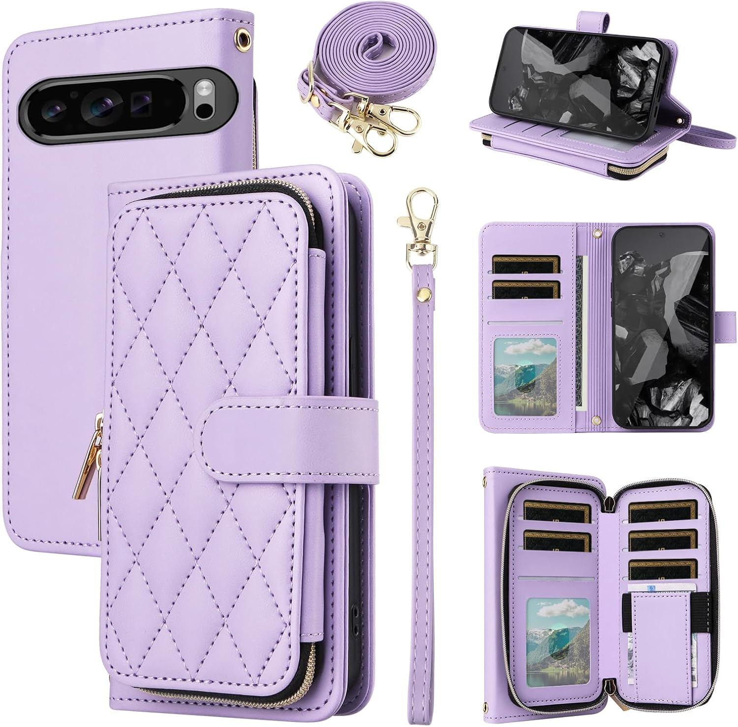 Argyle Wallet Case for Google Pixel 9 Pro XL/10 Pro XL with Wrist/Shoulder Strap, Card Slots Zipper Purse Luxury PU Leather Stand Phone Cover for Pixel9 9Pro Nine Pixel10 10Pro LX Purple