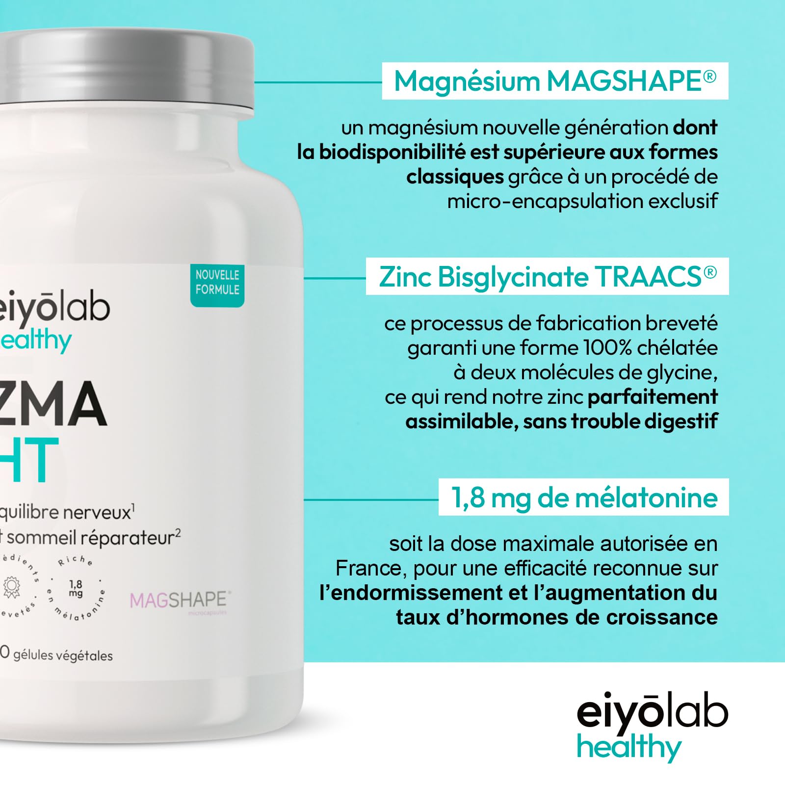 ZMA HT | Zinc Bisglycinate + Magnésium + Mélatonine | Dosage Optimal | Facilite l’endormissement et la Récupération Musculaire | 90 Gélules | Fabriqué en France | Eiyolab