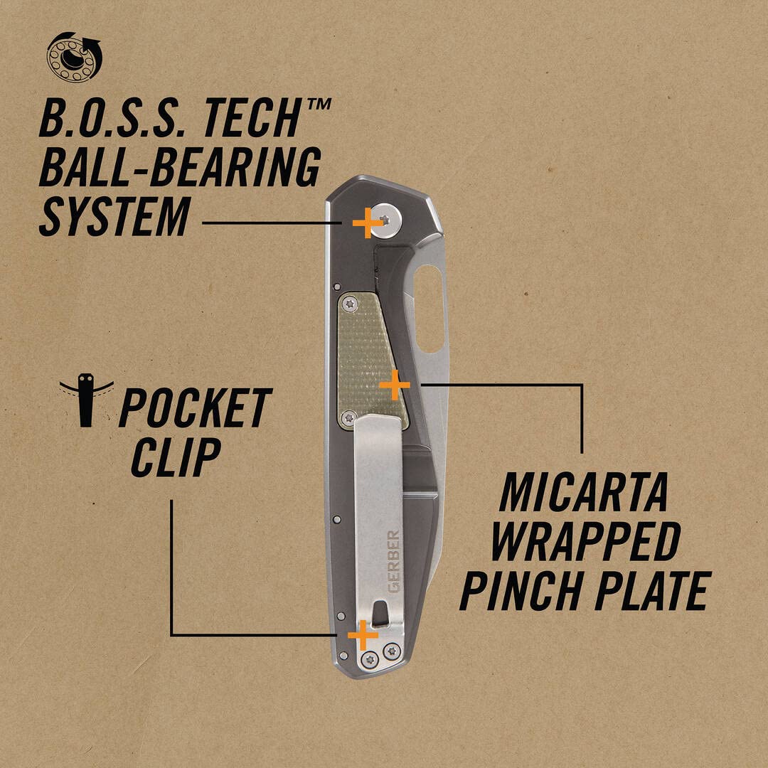 Gerber Scyzoryk z klipsem do paska, Slimsada, z rękojeścią z Micarty i łożyskiem kulkowym B.O.S.S. TECH, długość ostrza: 8,8 cm, oliwkowy, 30-001912
