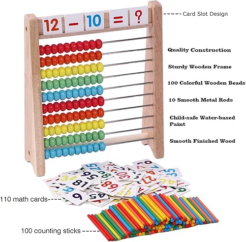Miniatura 3 de Ábaco de madera para niños – 100 palos de conteo y tarjetas de juguetes de números del 1 al 100, juegos educativos de matemáticas para preescolar y