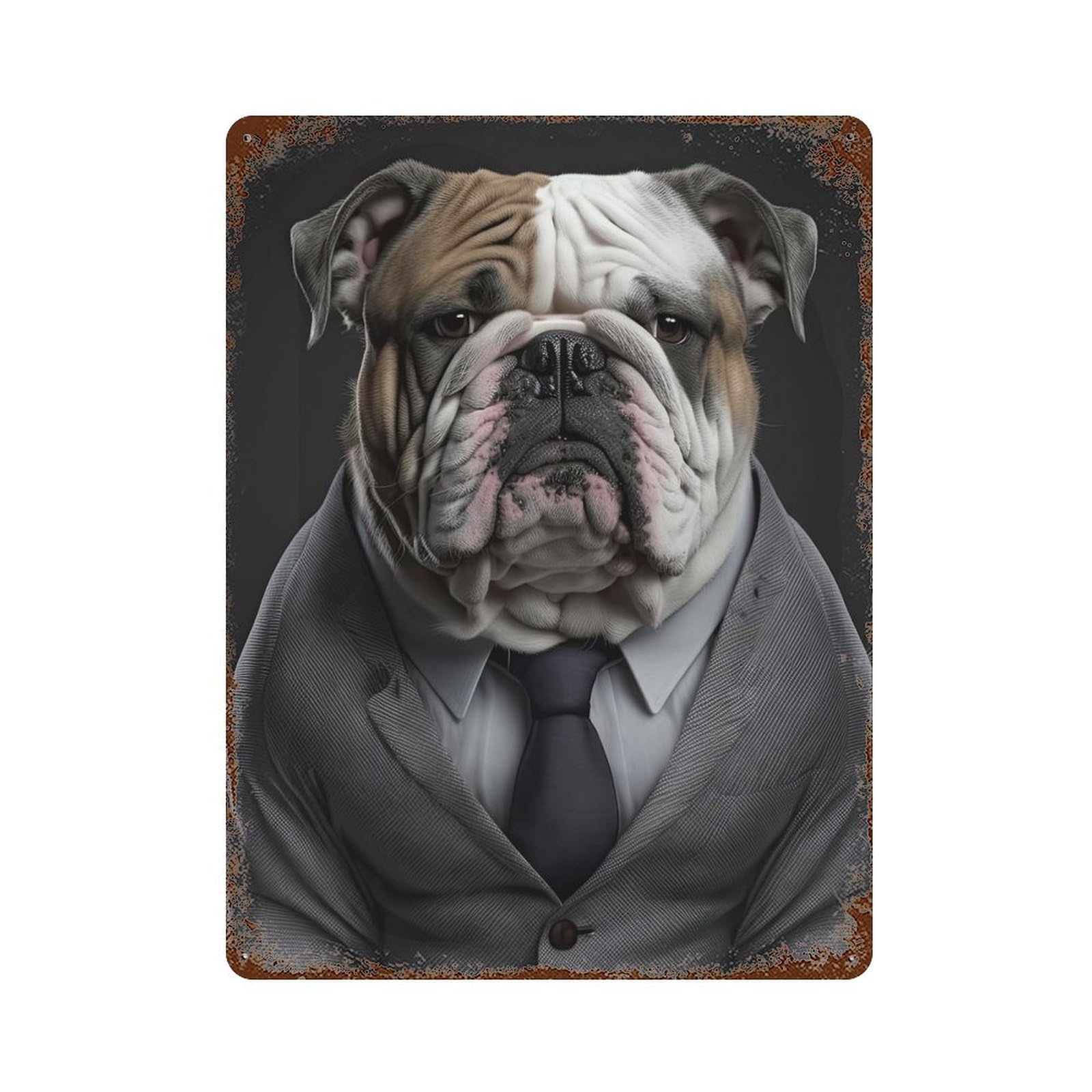 Weathered Tin Sign English Bulldog Mens Suit 15.7"x11.8", Rustic Home Decor for Basement, Hobby Room And Garage Decor
