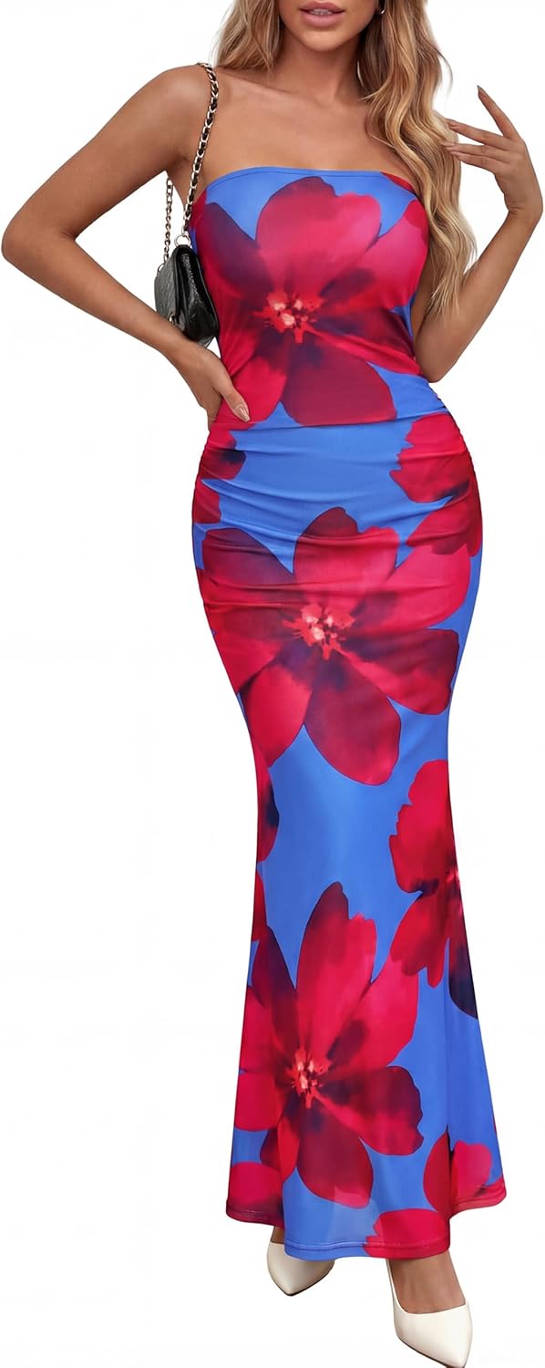 PRETTYGARDEN Womens Spring Dresses 2026 Sexy Strapless Tube Bodycon Mesh Ruched Floral Maxi Dress Wedding Club Outfits