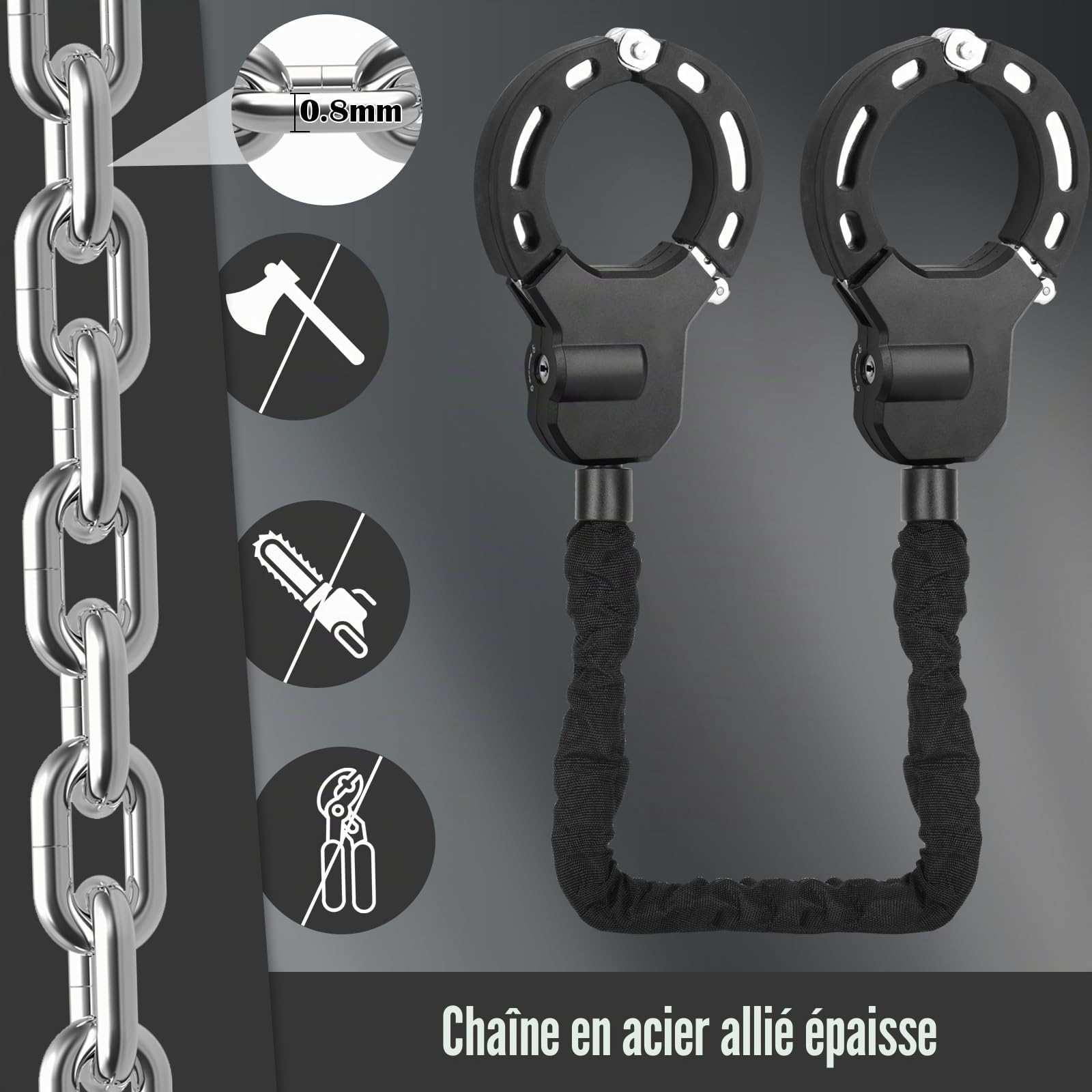 KOMABLEN Cadenas Antivol Velo Electrique avec Clés, Chaine Menotte Bike Lock pour Trottinette Électrique, Moto