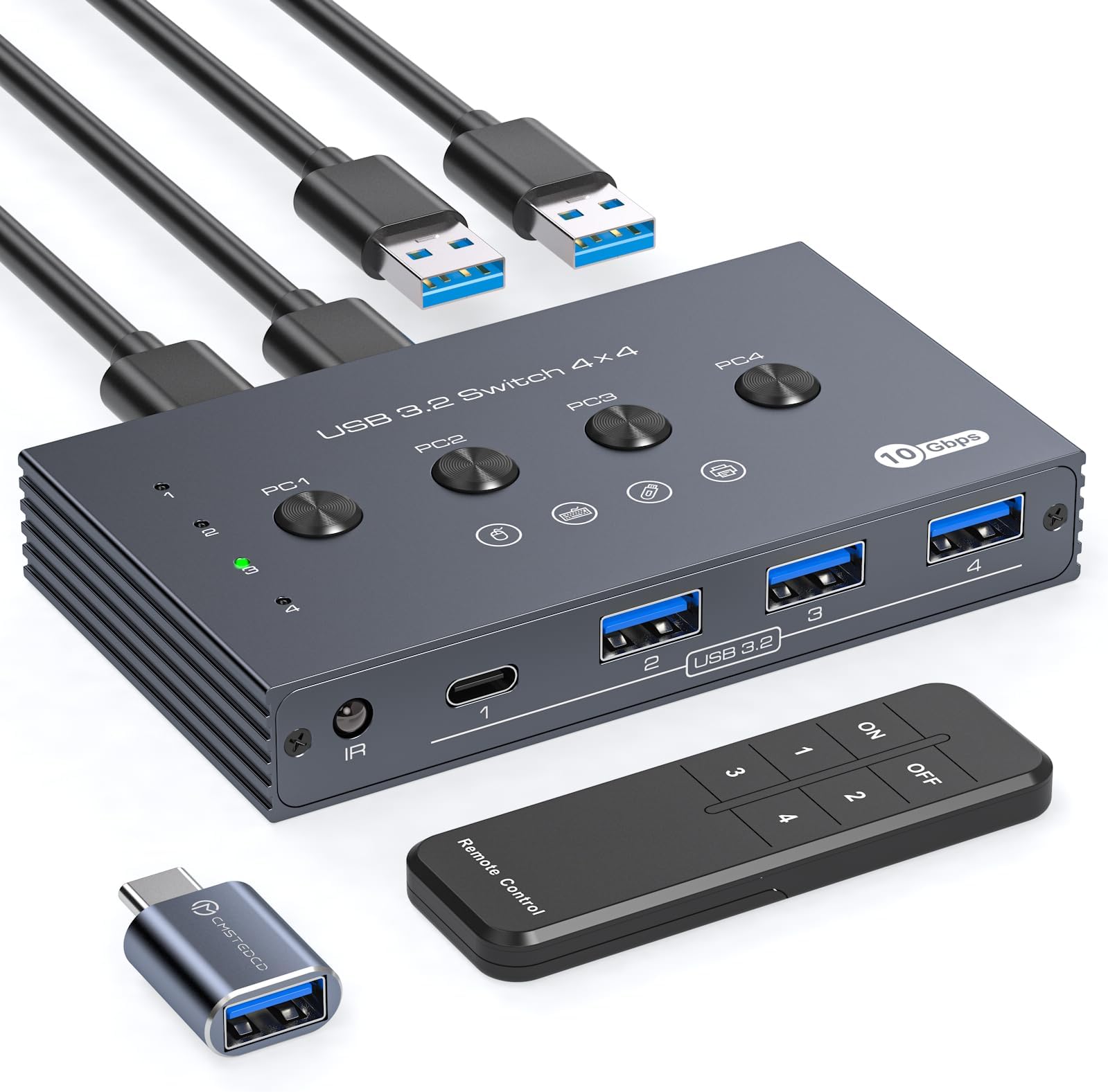 USB 3.2 Switch Selector 4 Computers Share 1 USB C & 3 USB A Devices 10Gbps 4 Port USB Switcher Sharing Keyboard Mouse Printer Scanner with 4 USB 3.0 Cable and Remote Control and USB C to USB A dapter