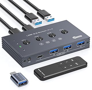 USB 3.2 Switch Selector 4 Computers Share 1 USBC & 3 USBA Devices 10Gbps 4 Port USB Switcher Sharing Keyboard Mouse Printer Scanner with Cable and Remote Control and a dapter