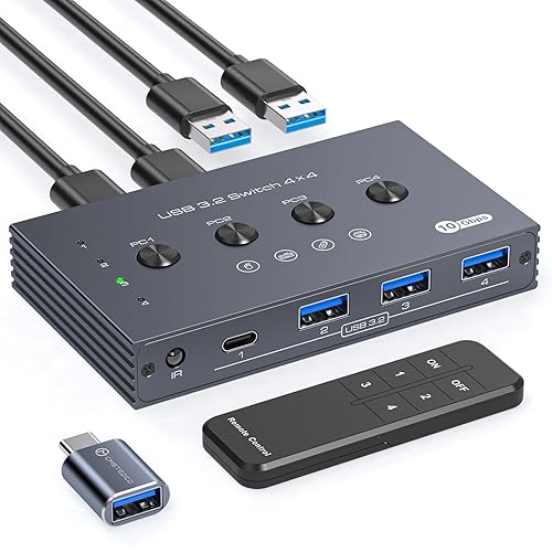 Selector de conmutadores USB 3.2 4 computadoras comparten 1 USBC y 3 dispositivos USBA 10Gbps 4 puertos USB Switcher Compartir Teclado Ratón