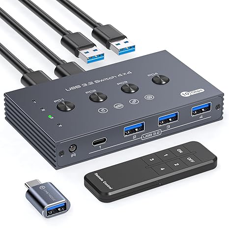 USB 3.2 Switch Selector 4 Computers Share 1 USBC & 3 USBA Devices 10Gbps 4 Port USB Switcher Sharing Keyboard Mouse Printer Scanner with Cable and Remote Control and a dapter