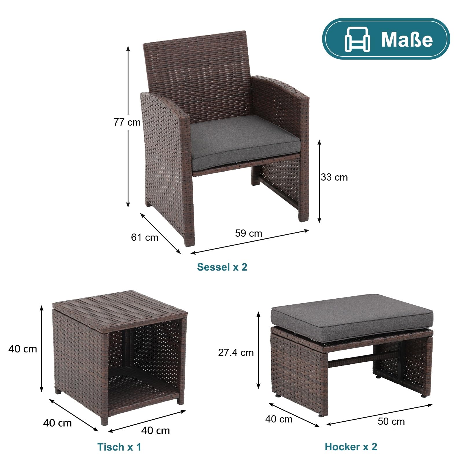 OC Orange-Casual 5-TLG Garten Unterhaltung Set, Balkon Möbel Set mit Kissen, brauner Rattan-Sessel mit Hocker&Couchtisch, für Garten, Hinterhof und Veranda (Dunkelgrau)
