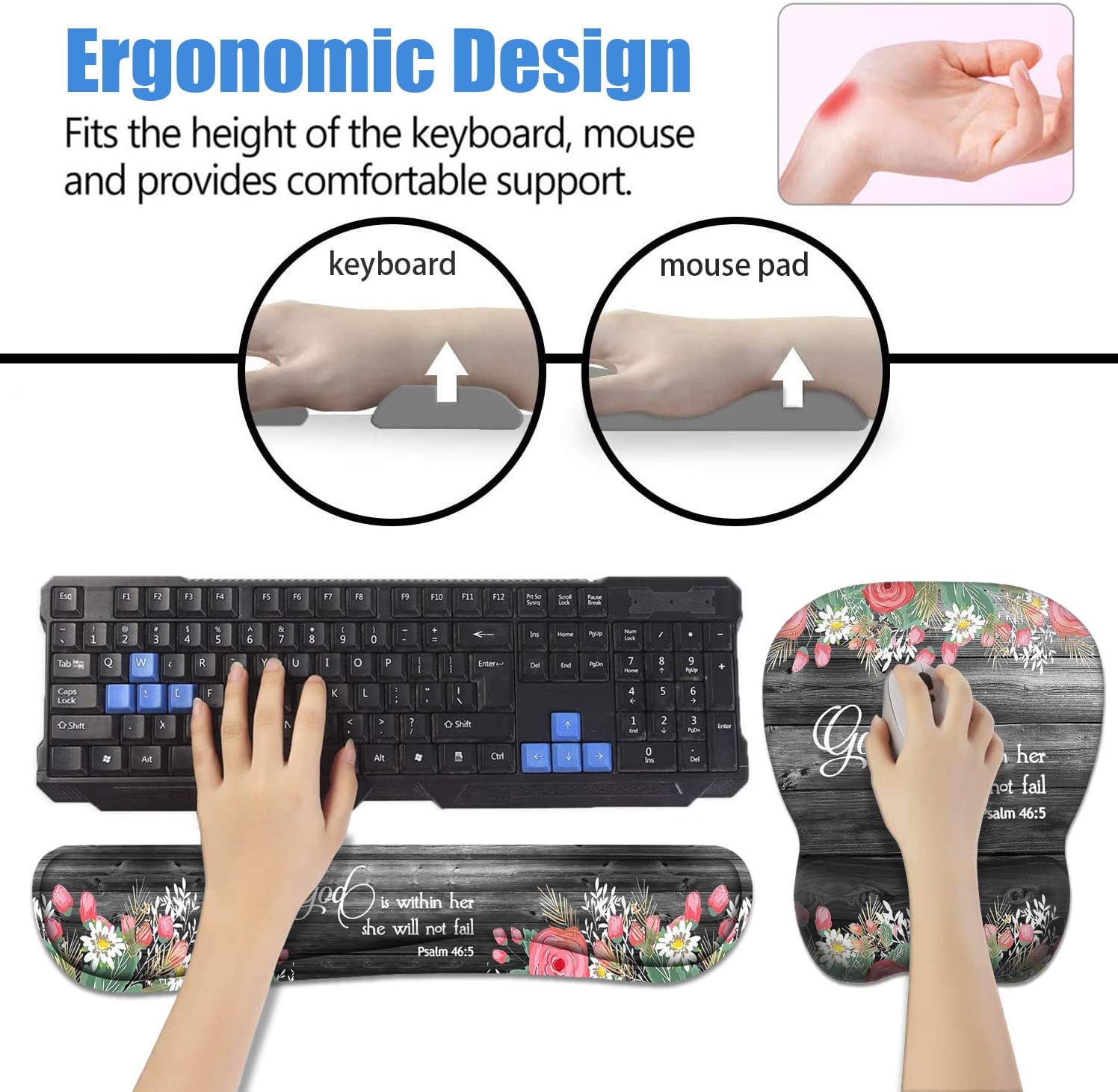 Ergonomic Mouse Pad Wrist Support and Keyboard Wrist Rest Set with Coasters, Non-Slip PU Base, Easy Typing & Pain Relief for Computer Laptop Home Office, Floral Quote Bible Verse Psalm 46:5