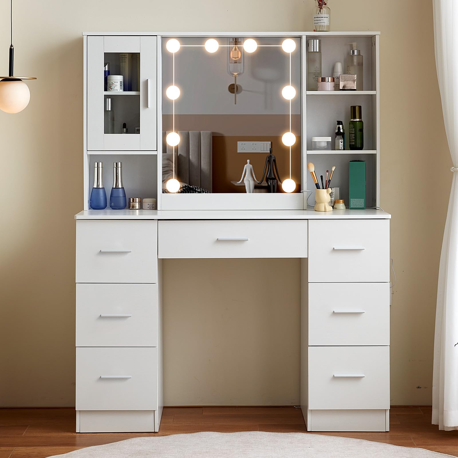 Koestem Large Vanity Dressing Table with Hollywood LED Mirror, Makeup Table Vanity with 7 Drawers, Open Shelve and Hidden Storage Shelves, White Vanity Set for Bedroom Organiser 109x140x40 cm