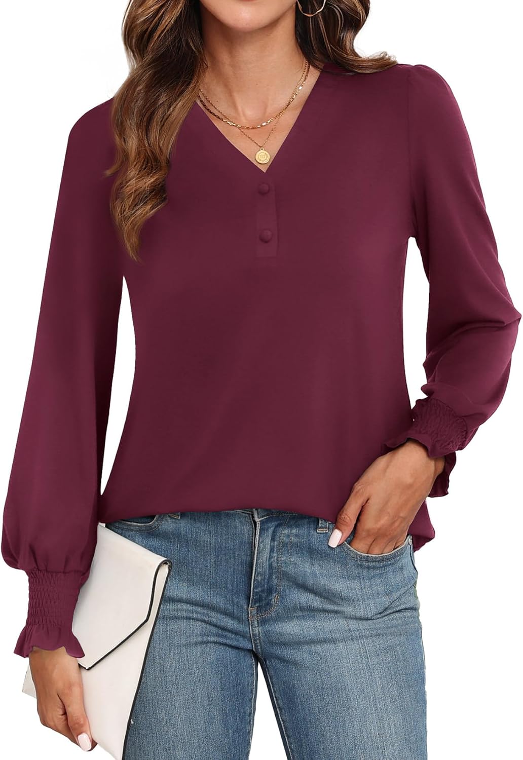 WEACZZY Womens Tops Long Sleeve Fall Shirts for Women Dressy Casual Button V Neck Tunic Blouse Ruffle Cuffs T-Shirts 2025 - Image 2