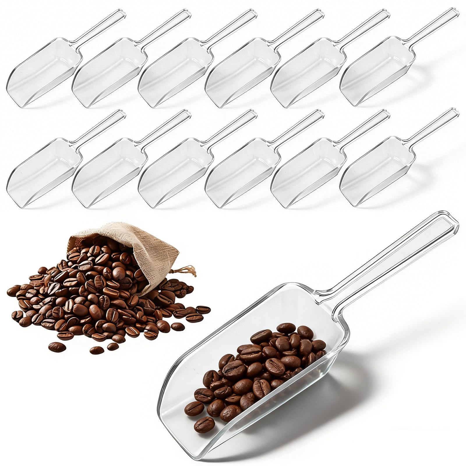 WJIAAA Clear Small Plastic Ice Scoop, 12 PCS Plastic Kitchen Scoops, Simple Mini Ice Cube Shovel Scoopers for Freezer Food Coffee Popcom Flour Dry Goods, Holder Laundry Freezer Bucket Bin Containers