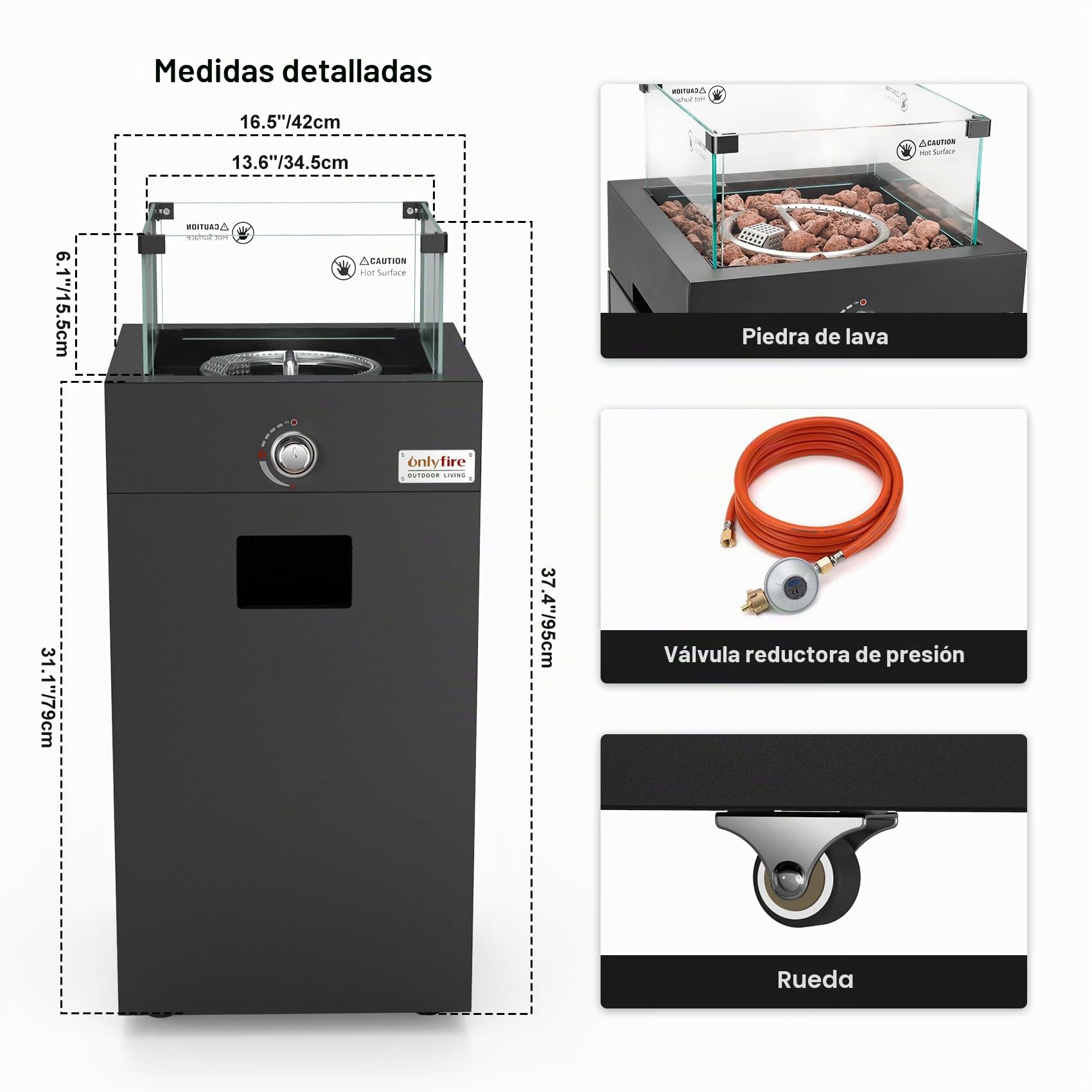 Onlyfire Chimenea de gas extraíble, cuadrada, para exteriores, con protección contra el viento, ruedas y piedras volcánicas, fuego para terraza con encendido electrónico, 6,85 kW, para jardín y balcón