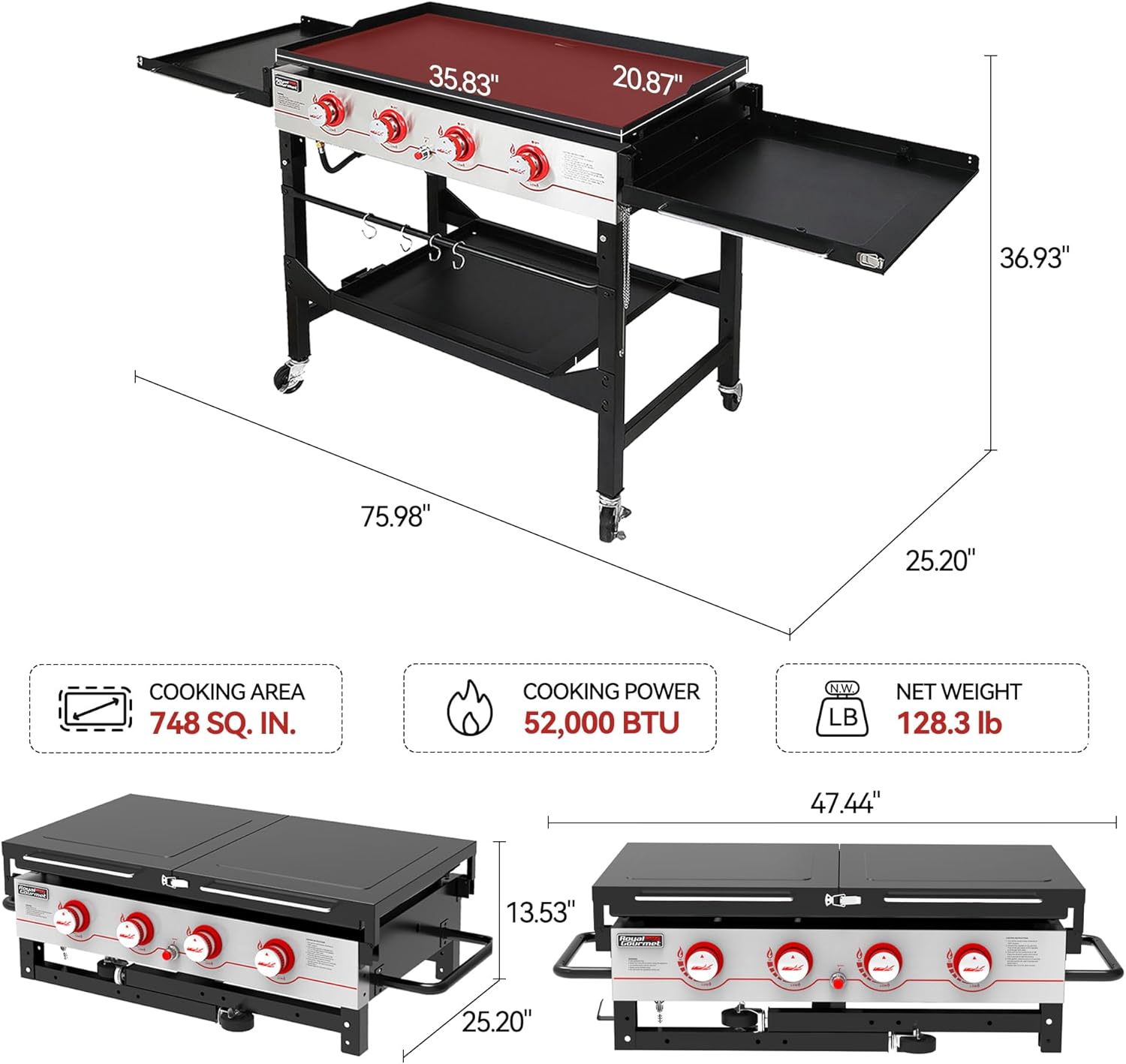 4-Burner Flat Top Propane Gas Griddle, 36-Inch Gas Griddle with Top Cover Lid, Folding Side Shelves and Legs for Large Outdoor Camping, Black, GB4000F-SC