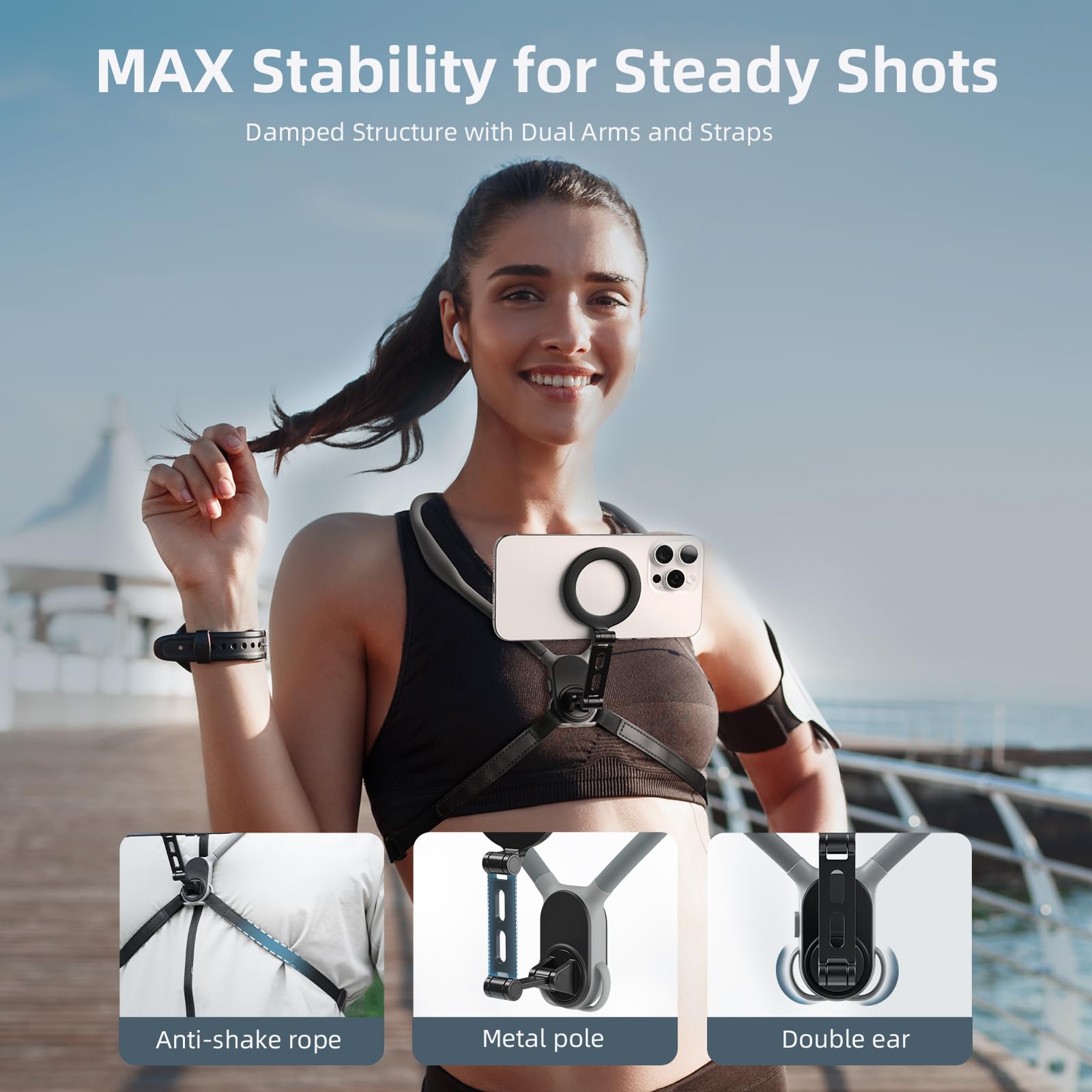 Support de Téléphone pour Le Cou Max.70cm Support Magnétique pour Le Cou pour Téléphone pour Les POV Vlog pour iPhone 17 16 15 14 13 12 Android Phones (Gris avec Harnais)