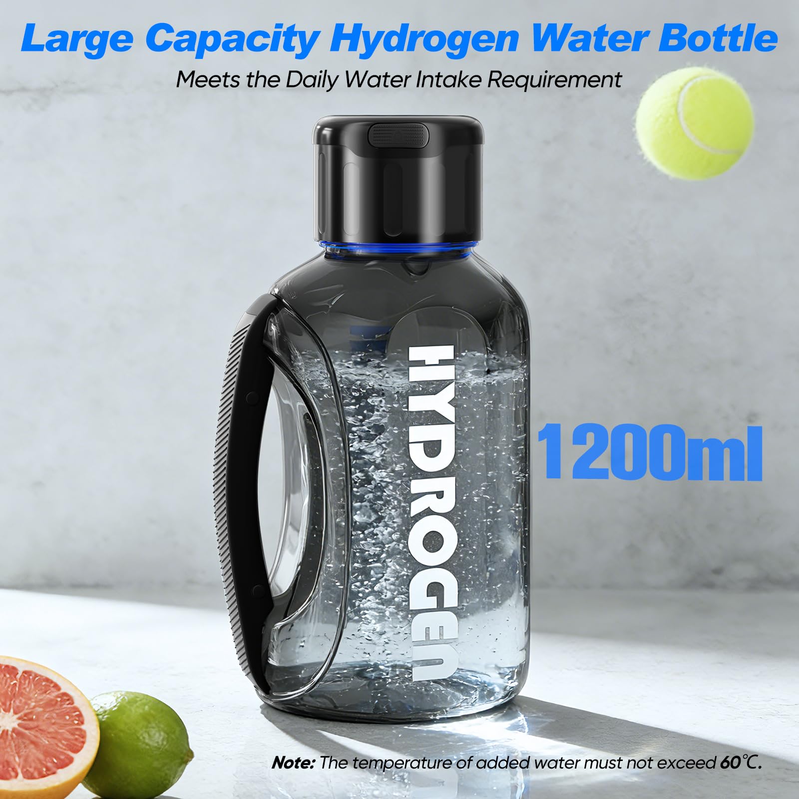 Bouteille d'eau hydrogène, générateur d'hydrogène 3000 PPB, électrolyse rapide à 6 minutes, portable Hydrogen Rich Water Maker avec technologie à 4 couches de membrane, sans BPA, 1200 ml pour