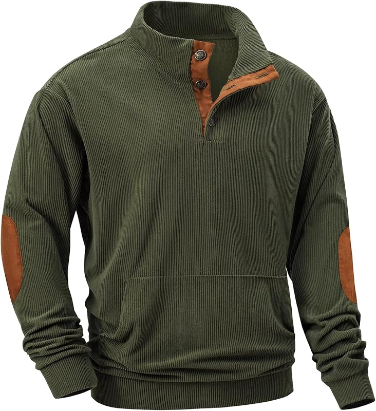 Mens Corduroy Sweatshirt Casual Stand Collar Quarter Fall Metal Button Pullover Sweaters Long Sleeve with Pockets