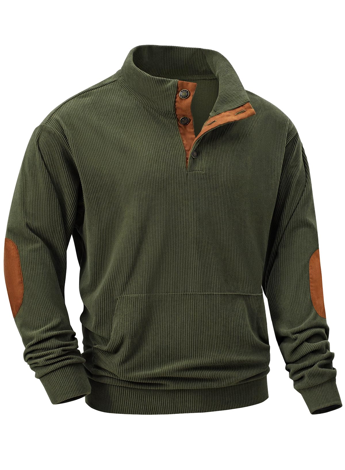 Mens Warm Corduroy Sweatshirt Casual Stand Collar Quarter Fall Metal Button Pullover Sweaters Long Sleeve with Pockets