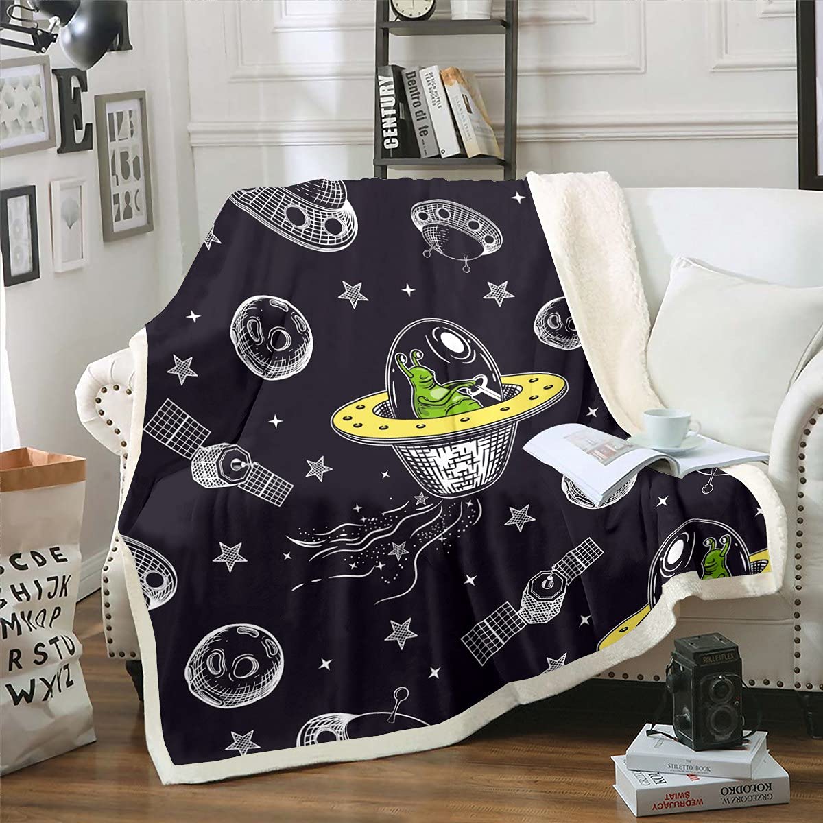 Manta Sherpa espaciada exterior de forro polar, manta de felpa planetada, para cama, sofá, manta cálida y mullida, Galaxy King, 87 x 94 pulgadas