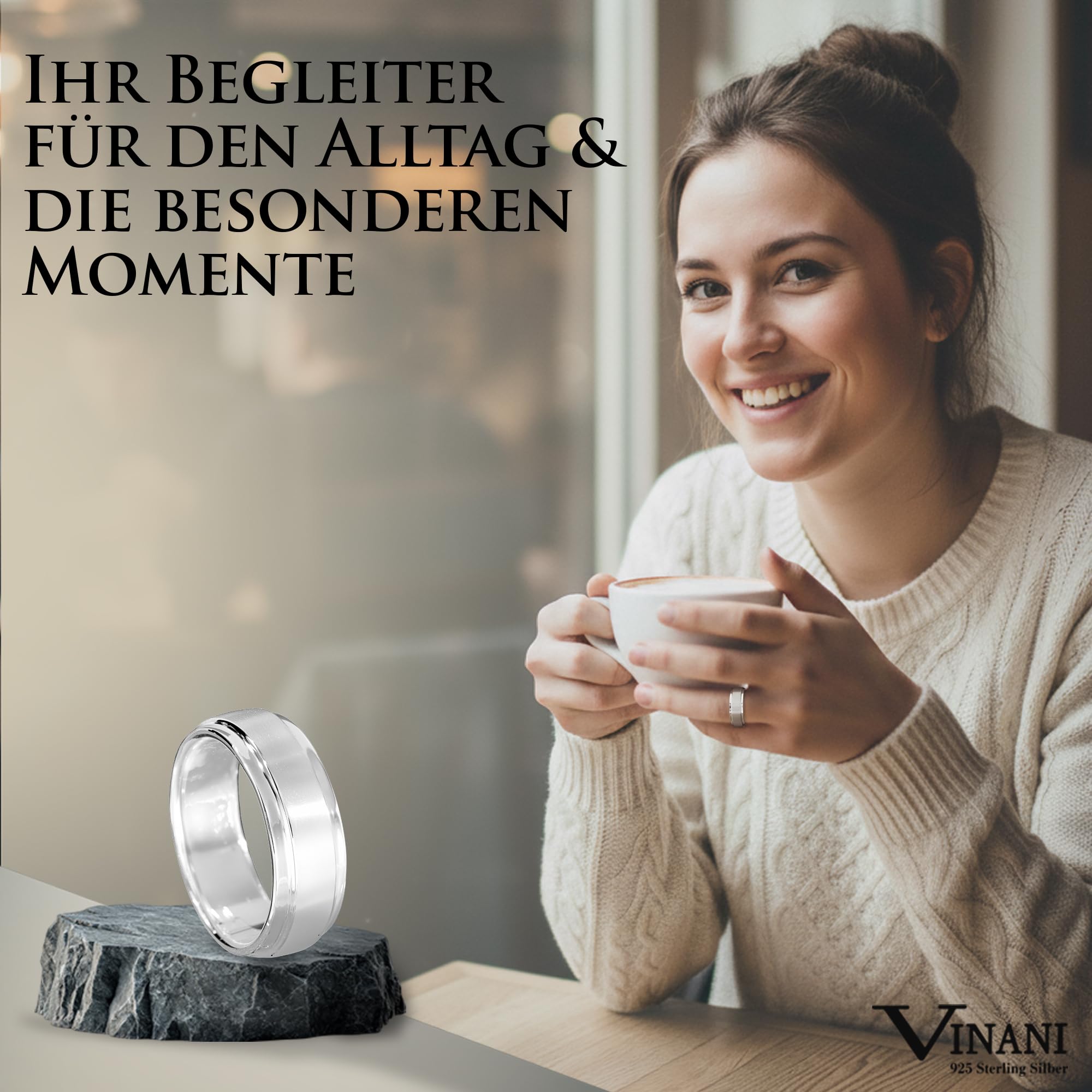 Vinani Ring aus 925 Sterling Silber - Schmaler Damenring mit zwei Bändern mattiert und glänzend klassisch zeitlos für Frauen, nickelfrei & antiallergisch, Designed in Deutschland, RIL