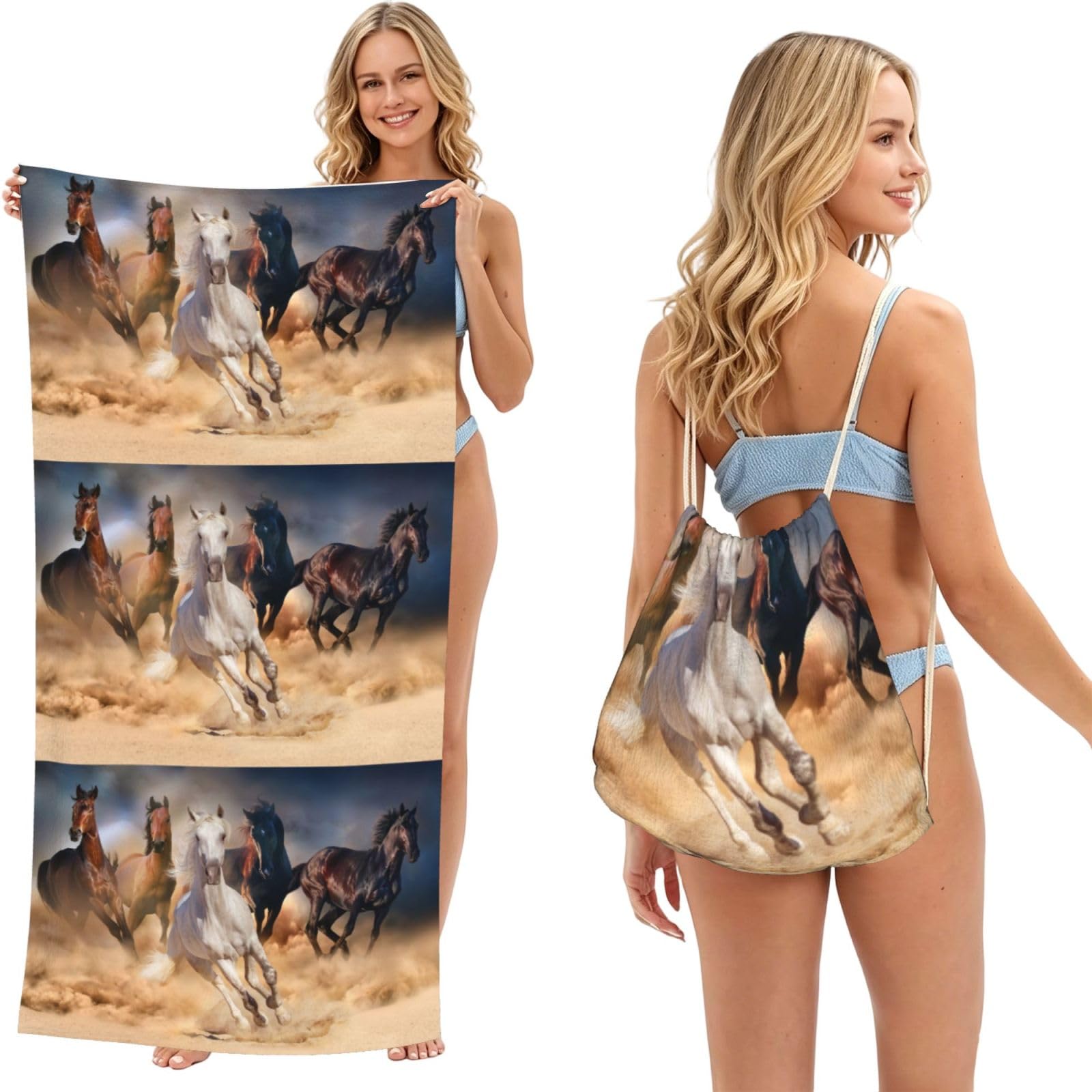 Poadnly As Picture Wild Horse Running Against Sand Storm, 2 In 1 Packable Towel Bag, Beach Towels With Drawstring Backpack For Travel Holiday Camping