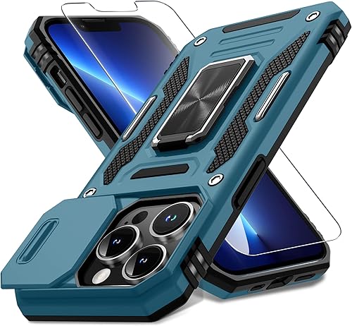 Miniatura 1 de DEERLAMN Funda para iPhone 13 Pro con cubierta deslizante para cámara + protector de pantalla (1 unidad), soporte de anillo giratorio de grado