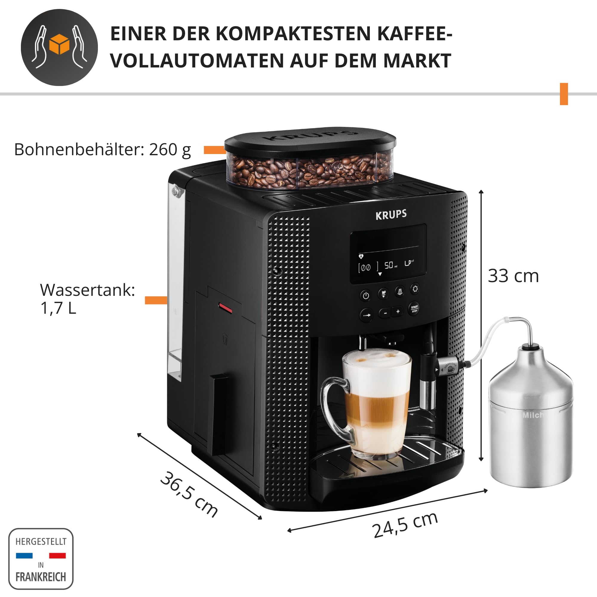 Krups Essential Coffee Machine Macinino, macchina da caffè espresso con display LCD, pulizia automatica, ugello a vapore nero per cappuccino YY8135FD