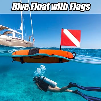 Diving Surface Marker Buoy with 2 Dive Flags, Inflatable Spearfishing Float | High-Visibility Scuba Signal Float, PVC Diver Down Buoy with Dive Flags,Multiple D-Rings for Freediving