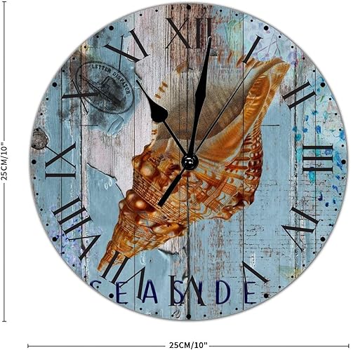 Miniatura 39 de ArogGeld Reloj de pared de PVC de mediados de siglo, concha, números de playa, estilo océano con números romanos de 10 pulgadas, funciona